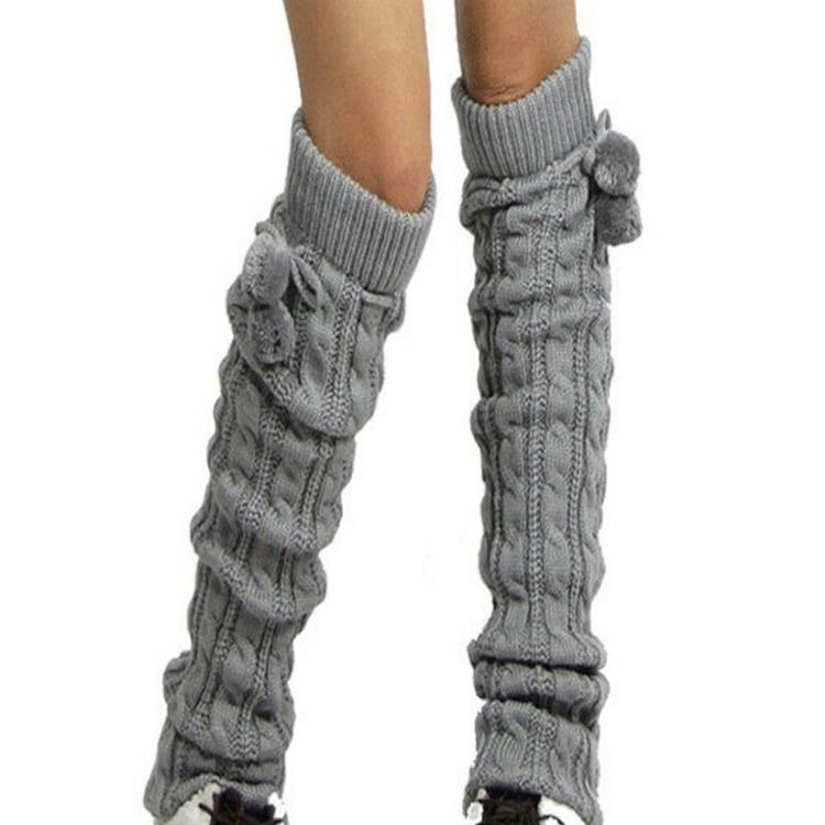 Beenwarmers dames overknee warme gebreide sokken lange laarsmanchetten beenwarmer met pluche bal gebreide beenwarmers japans: Lichtgrijs