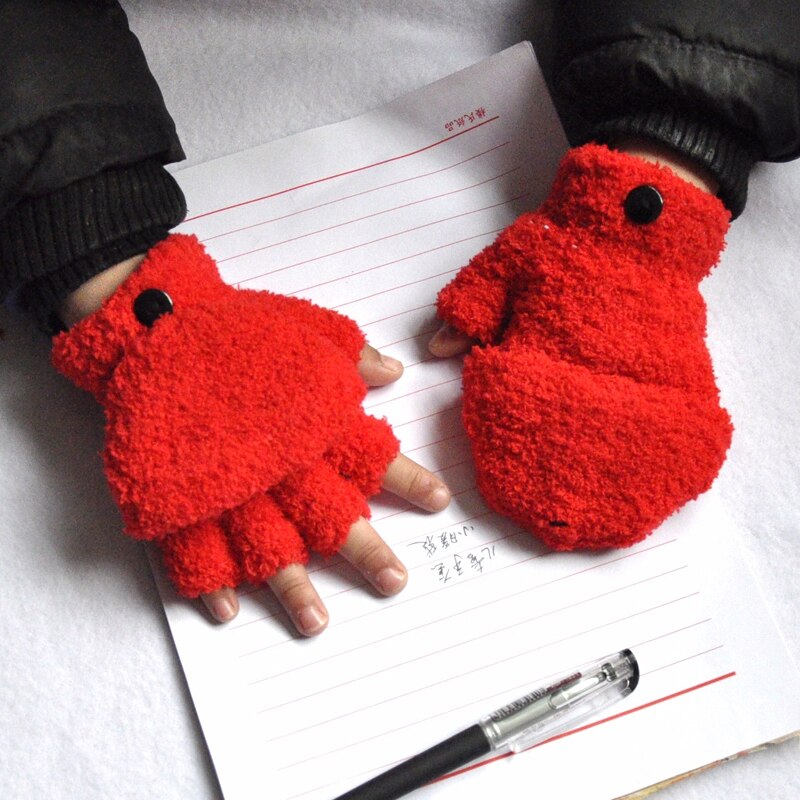 Guantes para niños de la escuela primaria de Cachemira medio dedo Flip Cover Mittens invierno Thicken Warm guantes para niños niñas 5-11Y: Rojo