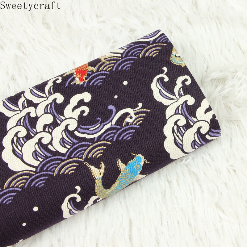 110x45cm Thick cotton fabric by Yard Waves Fish prints Cloth DIY Handmade Sewing Bag Patchwork Material Accessories Home Textile