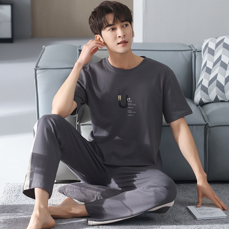 Summer Men&#39;s 100% Cotton Pajamas Letter Sleepwear Pajama Sets Casual Sleep&amp;Lounge Pyjamas Plus Size 4XL Pijama