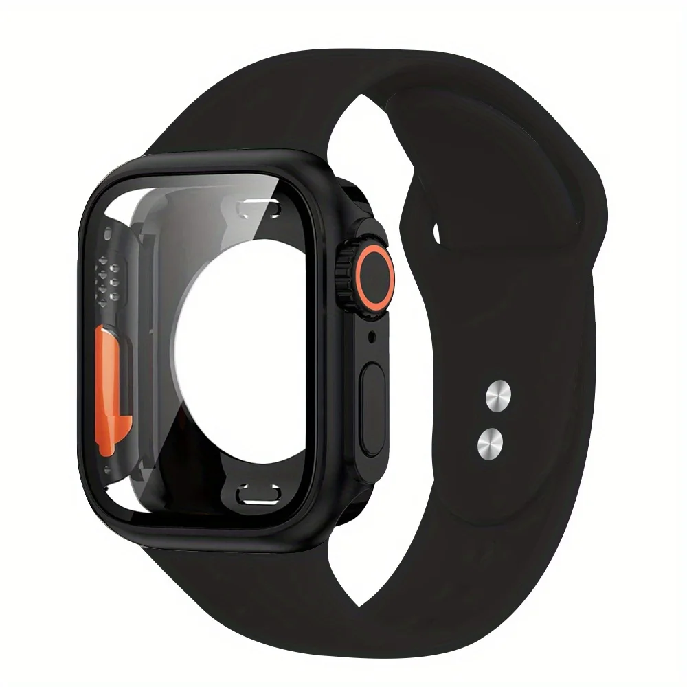 Silicone Band+Case For Apple Watch 40/44/41/45mm 46mm 49mm Breathable Strap with Tempered Glass Cover iWatch Series 10/9/8/7/6/5: WHITE / 1.9 Inches & Under