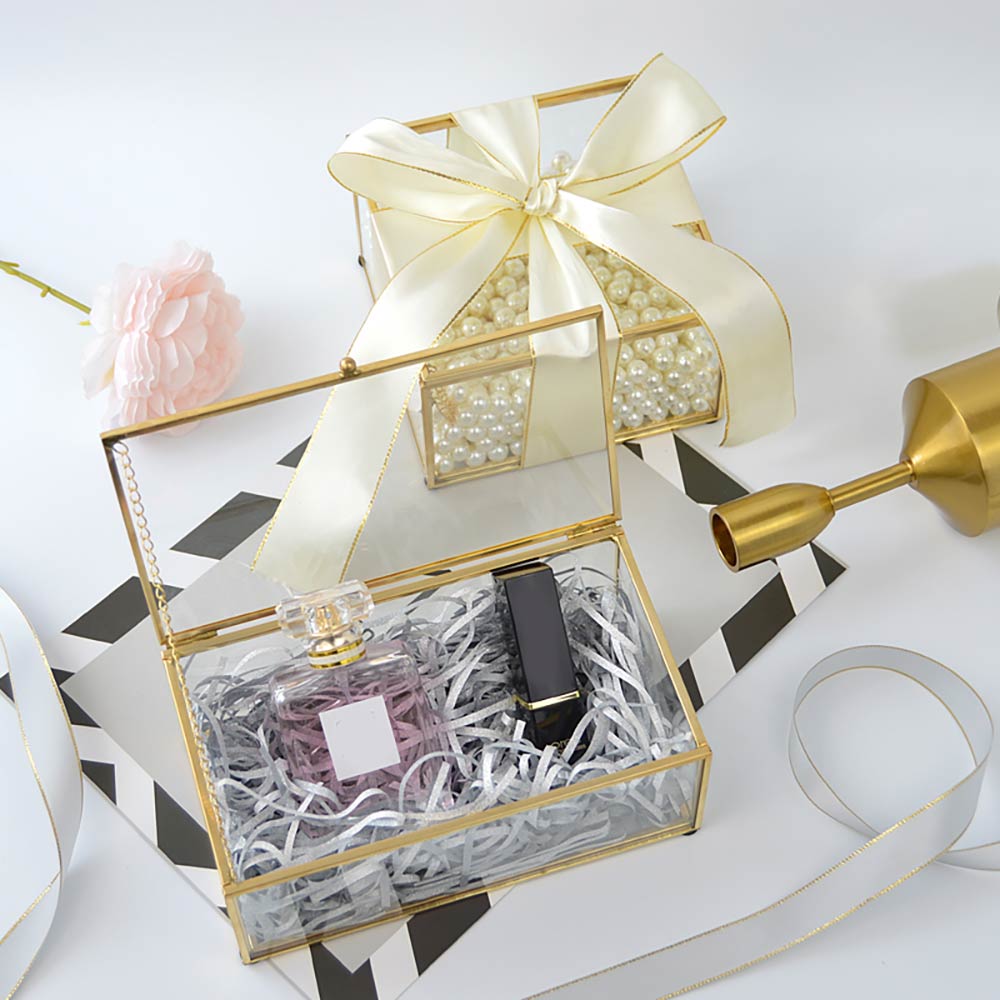 Open Lid Jewelry Ring Box Glass Jewelry Box Rectangular Transparent Small Jewelry Storage Box With Golden Rim And Lid