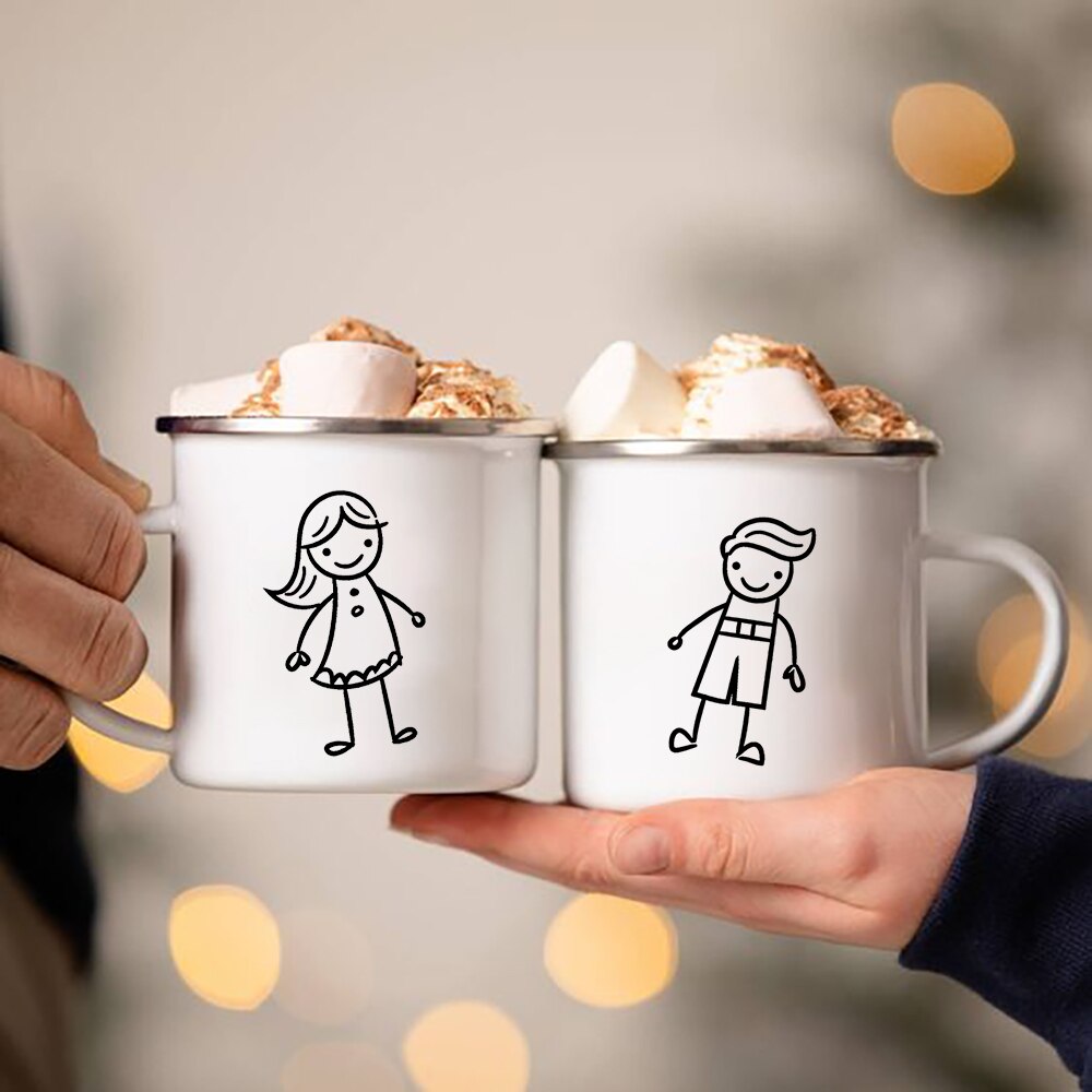 Boy Girl Stick Figure Couples Enamel Coffee Tea Mugs Lovers Party Wine Beer Drink Juice Cocoa Cups Valentine's Day