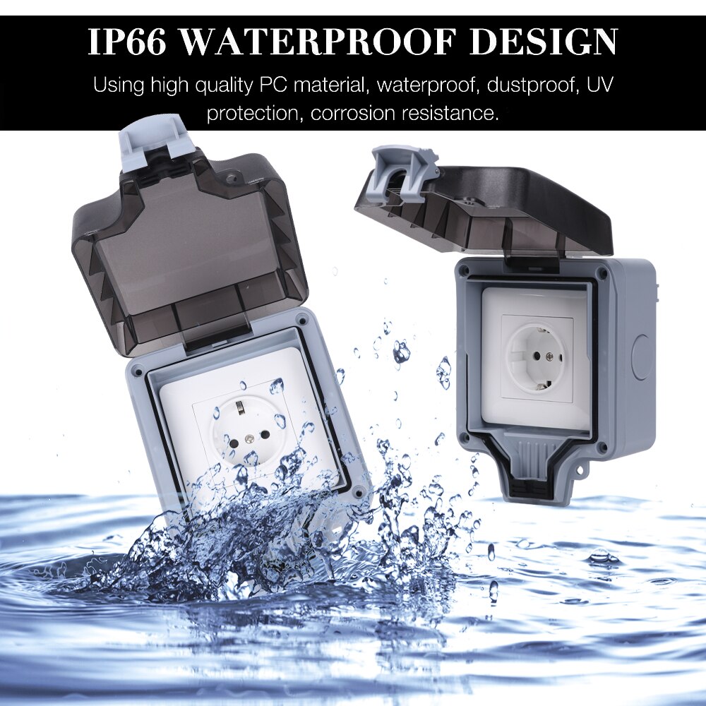 1Pc IP66 Stopcontact Outdoor Waterdichte Duitse Eu Plug Socket Regendicht Outdoor Geschakeld Stopcontact Buiten Gebruik