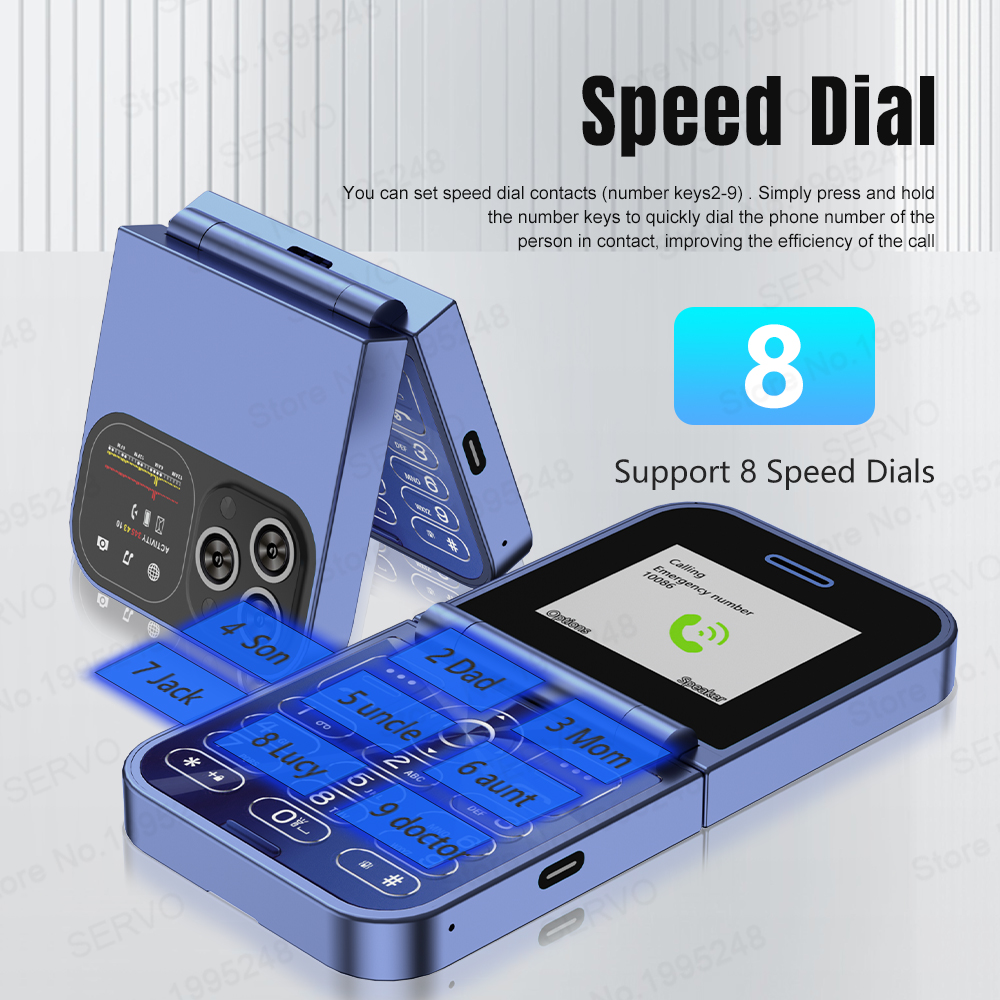 SERVO Classic Small Flip Teléfono móvil 2G Tarjeta SIM dual Lista negra Velocidad Dial Pantalla de 2,0" 180 ° Teléfonos móviles con botón plegable Nueva actualización