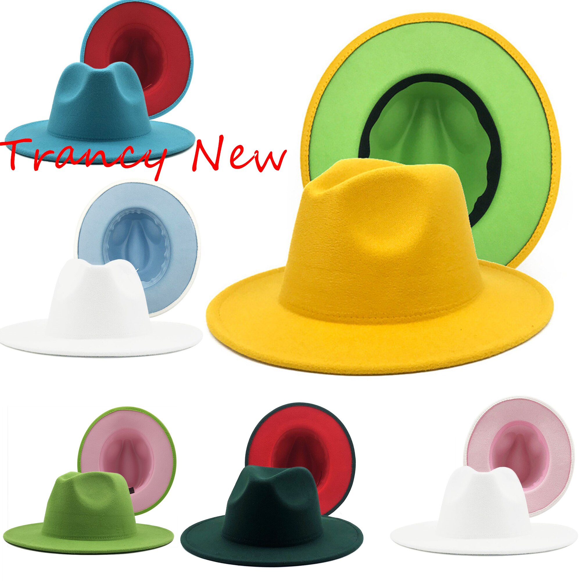 Chapeau en feutre pour femmes, couleur vert citron, chapeau fédoras jaune, à la , couleur mixte, jazz, blanc et rose