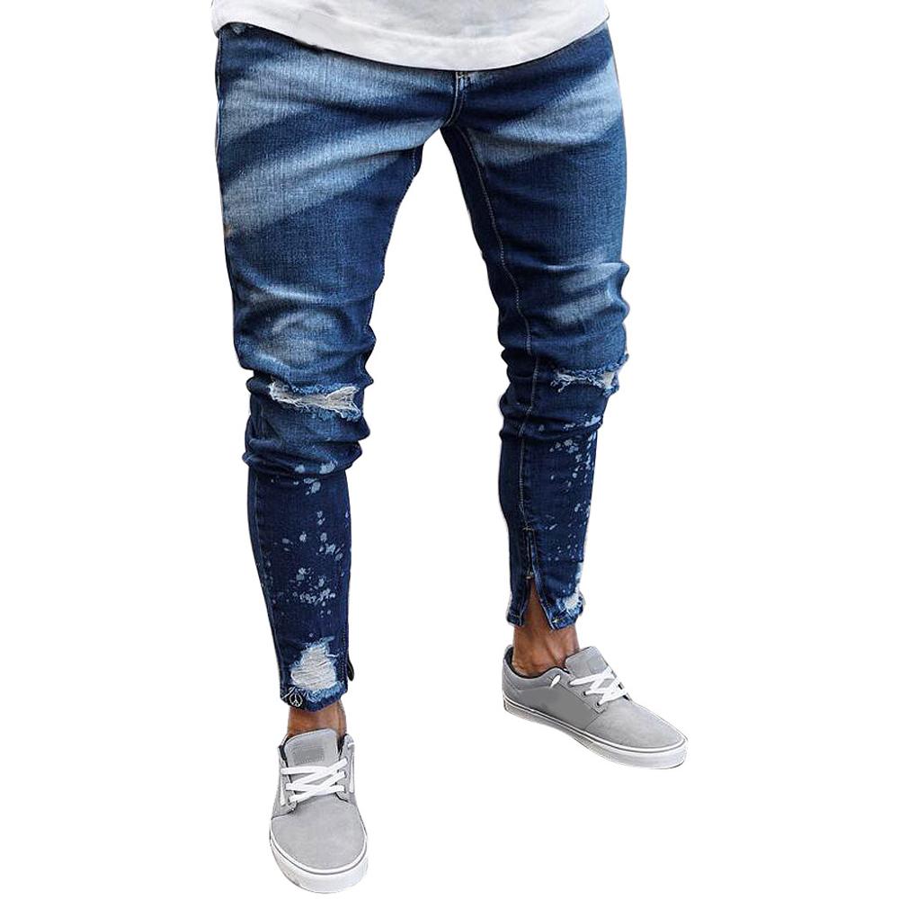 Slim Feet Men Stretchy Ripped Skinny Biker Print Jeans Destroyed Hole Taped Slim Fit Denim Scratched Jeans: XXL