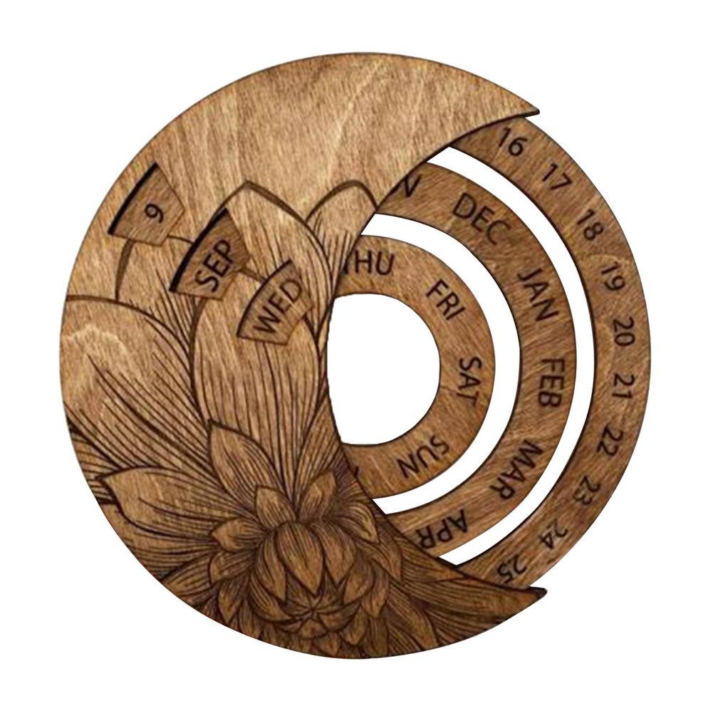 Multifunctional Wooden Calendar Round Perpetual Study Desk Calendar Handicraft Decoration Crafts For Home: Brown