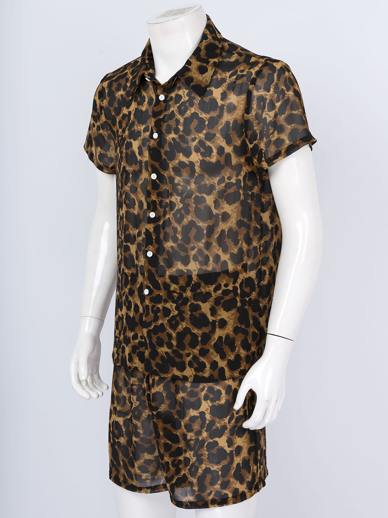 Ensemble pyjama en mousseline de soie pour homme, tenue deux pièces à la , imprimé léopard, Streetwear de plage, col rabattu, chemise avec short