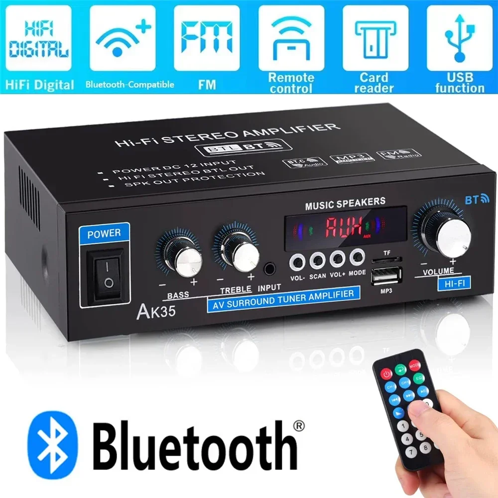 AK35 domowy wzmacniacz mocy 2.0 kanałowy dźwięk przestrzenny Bluetooth 5.0 pilot FM USB Mini wzmacniacze cyfrowe HIFI 110 V/220 V