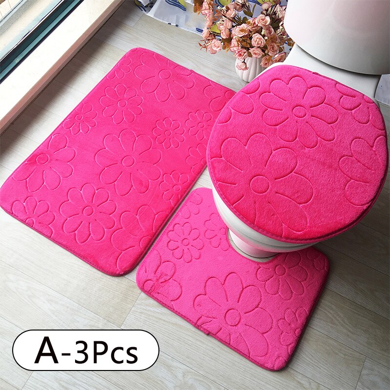 3PC Toilet Cover Seat Bathroom Accessories Set Rug Contour Mat Soft Toilet Lid Cover Plan Solid Color Bath Mats Home Decor: A