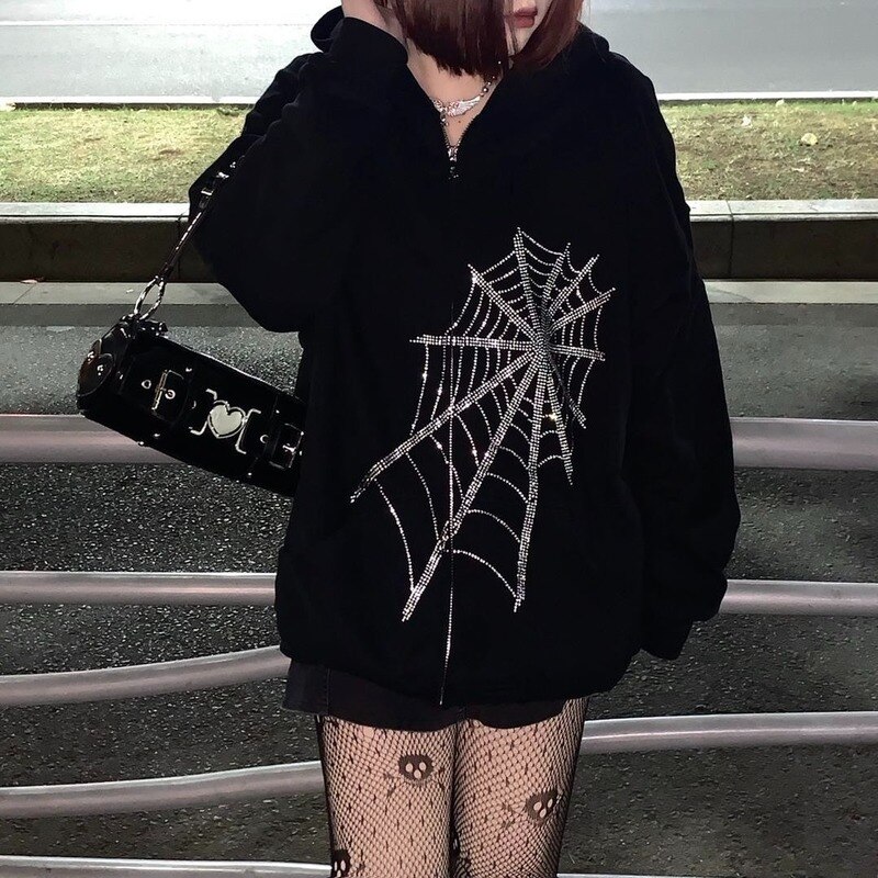 Women Hooded Sweater Adults Rhinestone Spider Web Pattern Long Sleeve Zipper Cardigan with Pocket