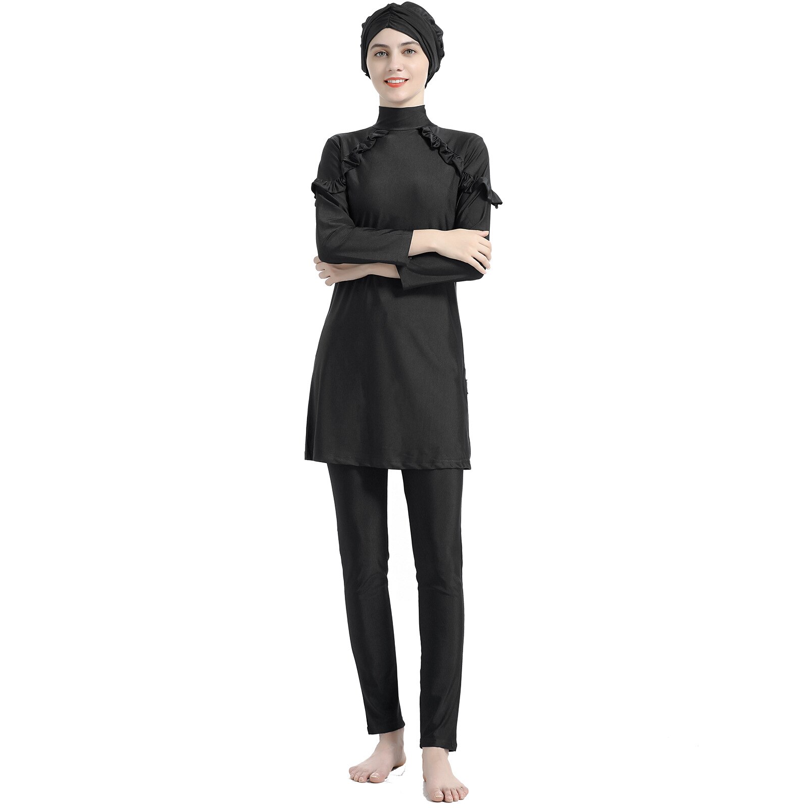 CUTIECLUB Dames moslim badmode bescheiden burkini lange top broek plooien badpakken 3-delige set met hijab, marineblauw, 4XL