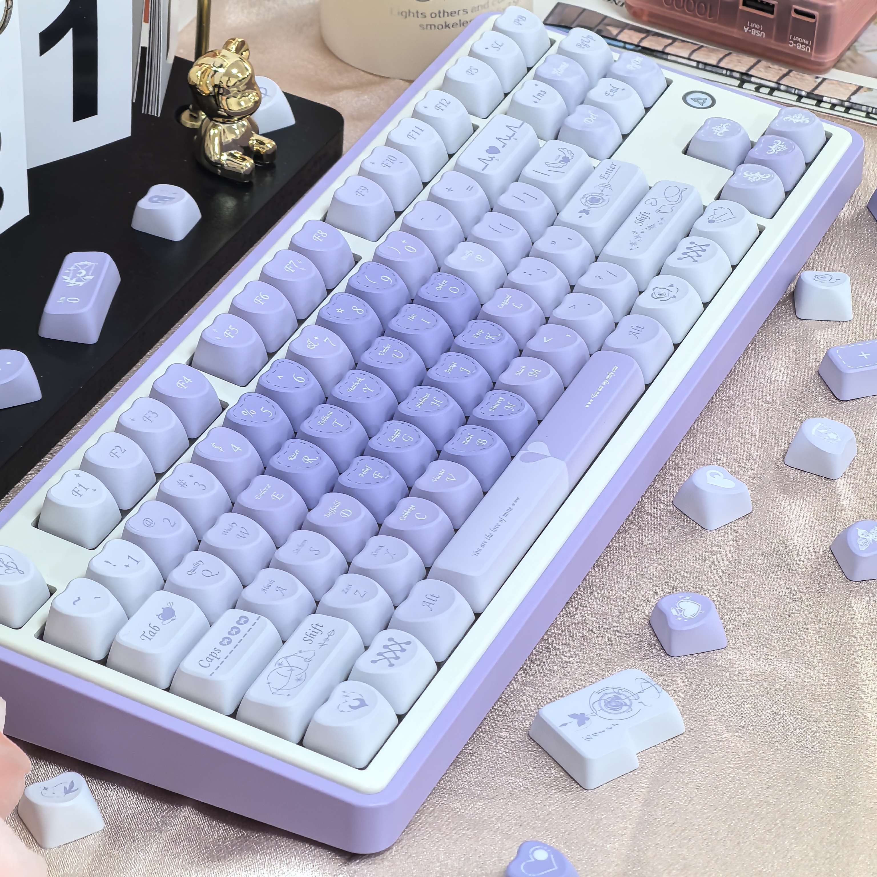 Fioletowe Keycapy Nowa Miłość Kształt Lo PBT Romantyczny Francuski Styl robić Klawiatury Mechanicznej 120 Klawiszy DIY Śliczne Keycapy w Kształcie Serca Prezenty dla Dziewczyn