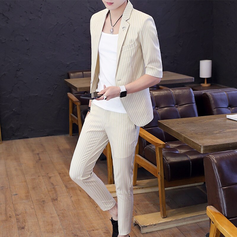 Mens Suits Zomer Mid Mouwen Met 9 Cent Broek Streep Tweedelige Mode Slanke Heren pakken Met Broek: Khaki / XXXL