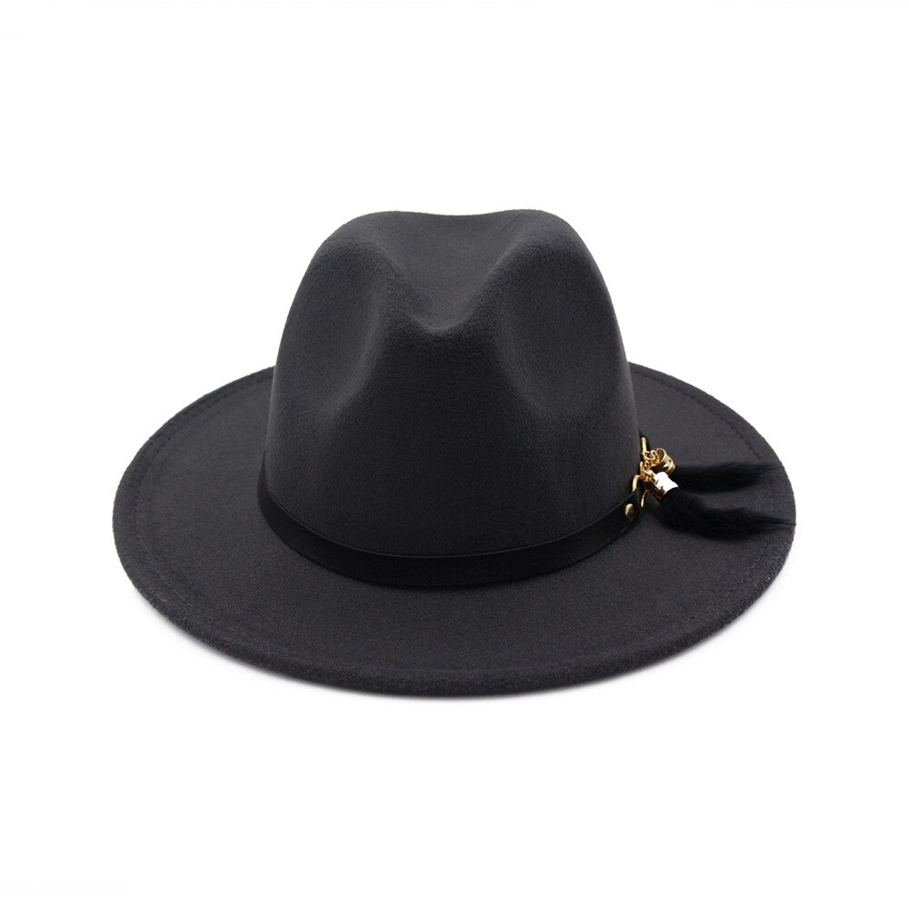 HanXi Winter Women Hat Wool Fedoras Felt Hat Lady Classical Flat Brim Cap PU Leather Band Metal Buckle