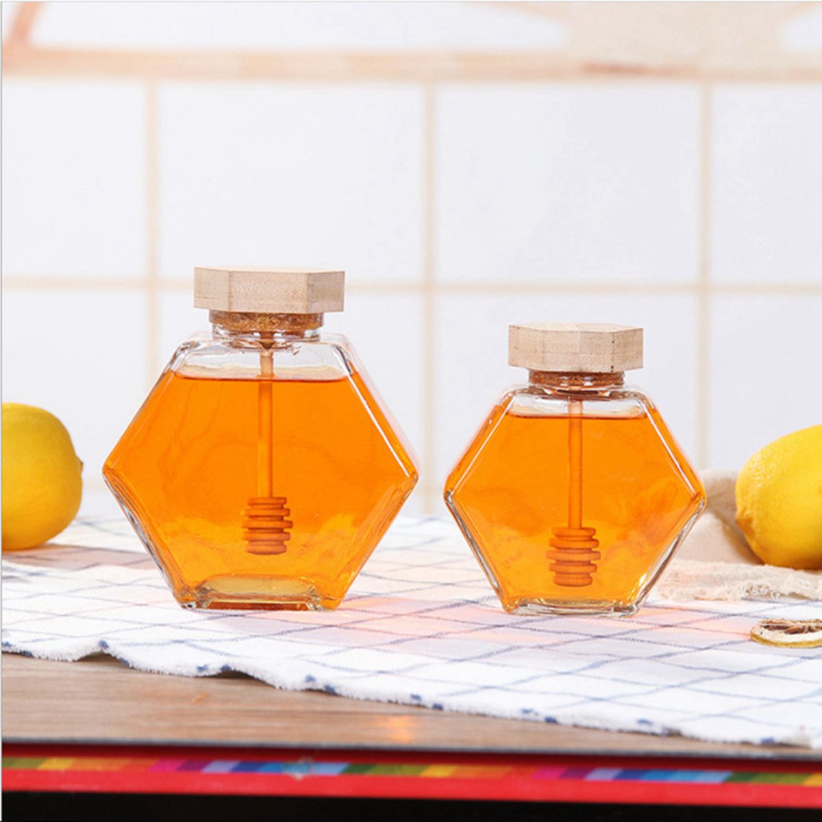 Glass Honey Bottle Hexagonal Transparent with Cork Lid Wooden Stirring Rod Mini Honey Jar for Party Favors