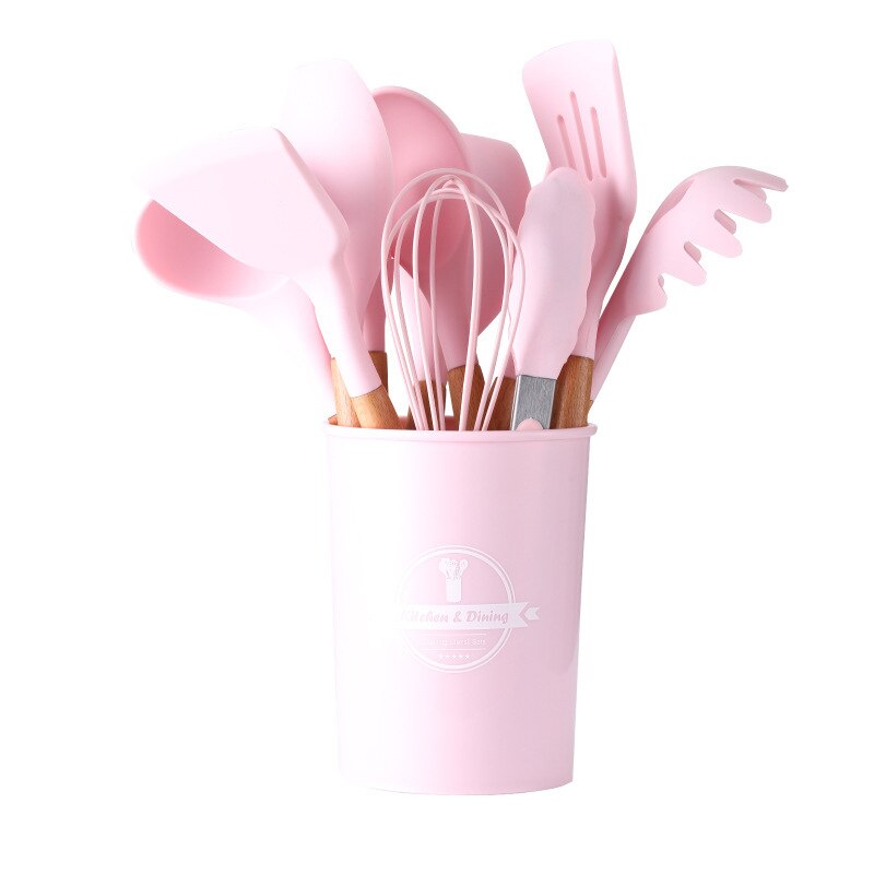 11Pcs Siliconen Koken Tools Keukengerei Houten Handvat Kookgerei Set Accessoires Non-stick Spatel Eiklopper: Pink