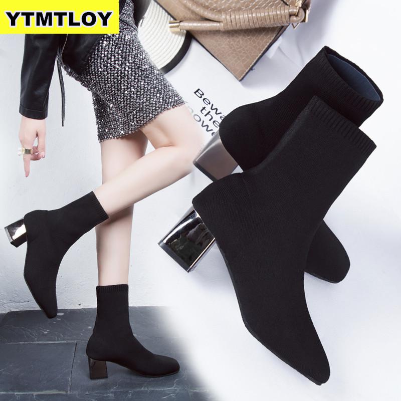 Kobiety czarne kostki skarpety buty 2019 moda wiosna jesień rozciągać masywne szpilki na wysokim obcasie szpiczasty buty z palcami zima Zapatos De Mujer