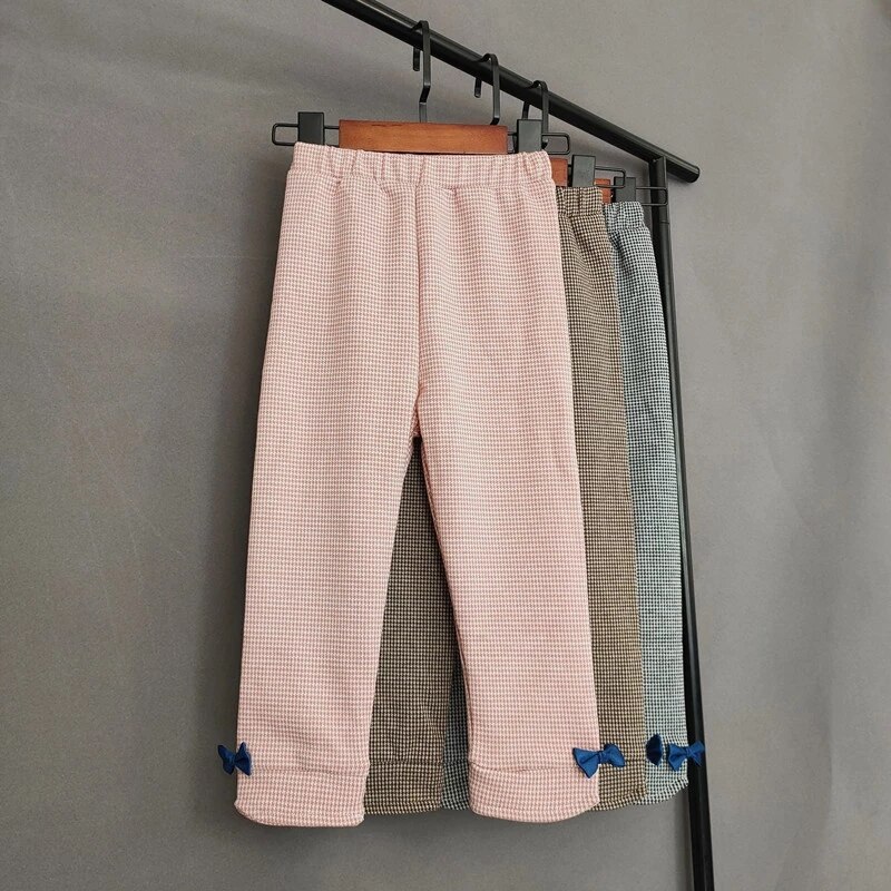Sweet Baby Girls Houndstooth Pants Spring Autumn Kids Girls High Waist Bow Leggings Children Cotton Elastic Waist Trousers