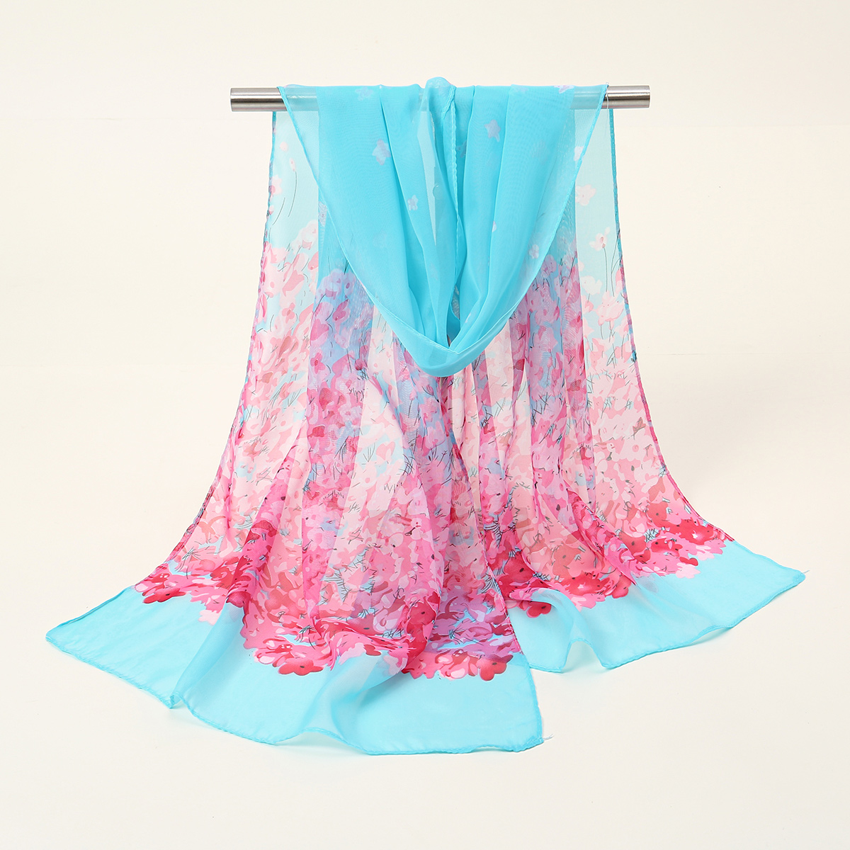 Bufanda con estampado Floral de verano, chales de seda de gasa ligeros y elegantes, toalla de protección solar para viajes y playa, turbante con diadema a la: LIGHT BLUE