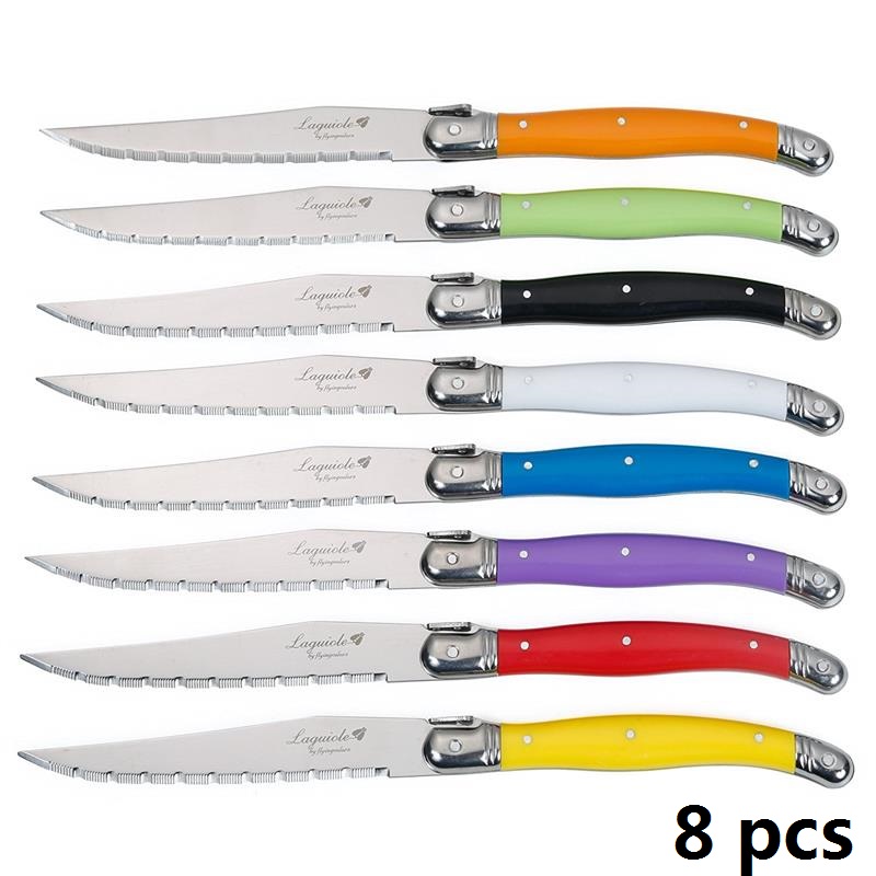 Conjunto de facas de bife de aço inoxidável, 6 peças/7 peças, facas de bife laguiole com suporte de madeira, faca de jantar de aço colorida, conjunto de talheres de natal: CINZA