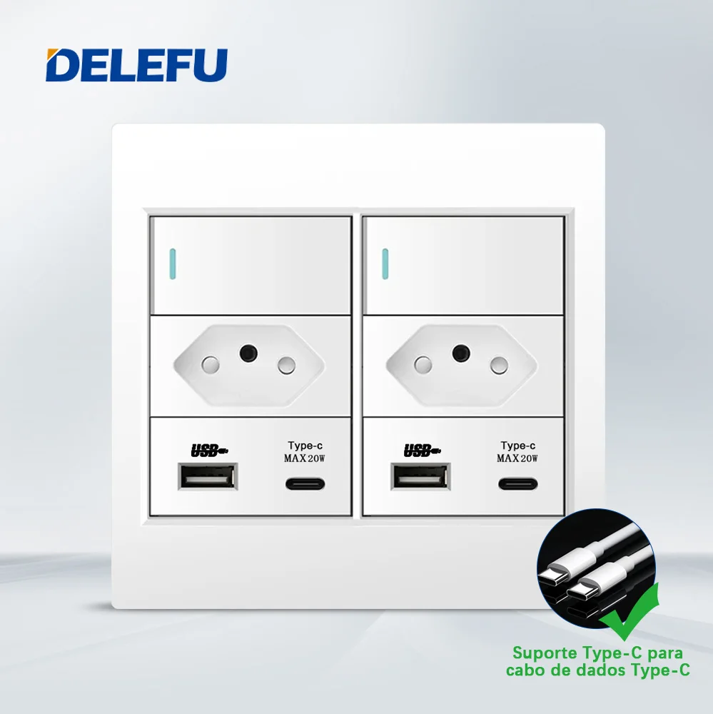 DELEFU 4x4 Fireproof PC Panel Brazil Standard Outlet Double USB Type C Wall Power Socket Light Switch Office White 10A 20A: 6.0M / PURPLE