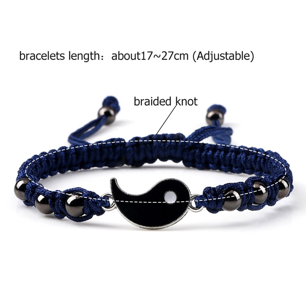 2 unids/set de pulsera trenzada Yin Yang Tai Chi, abalorio negro y blanco, pulseras ajustables a juego para parejas y joyería para amantes de la distancia Blangle