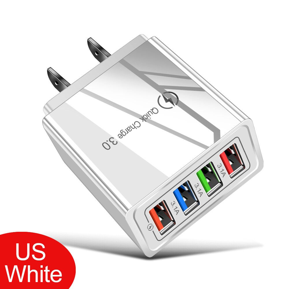 Adaptador de carga rápida para teléfono móvil, 4 puertos USB portátil con cargador de pared, Multi-USB, cargador para EUA/UE: White US