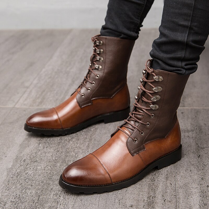 Motorcycle Boots Men Autumn Vintage Biker Boots Brown PU Leather High Top Lace Up Casual Shoes Male Ankle Boots Size 38-48