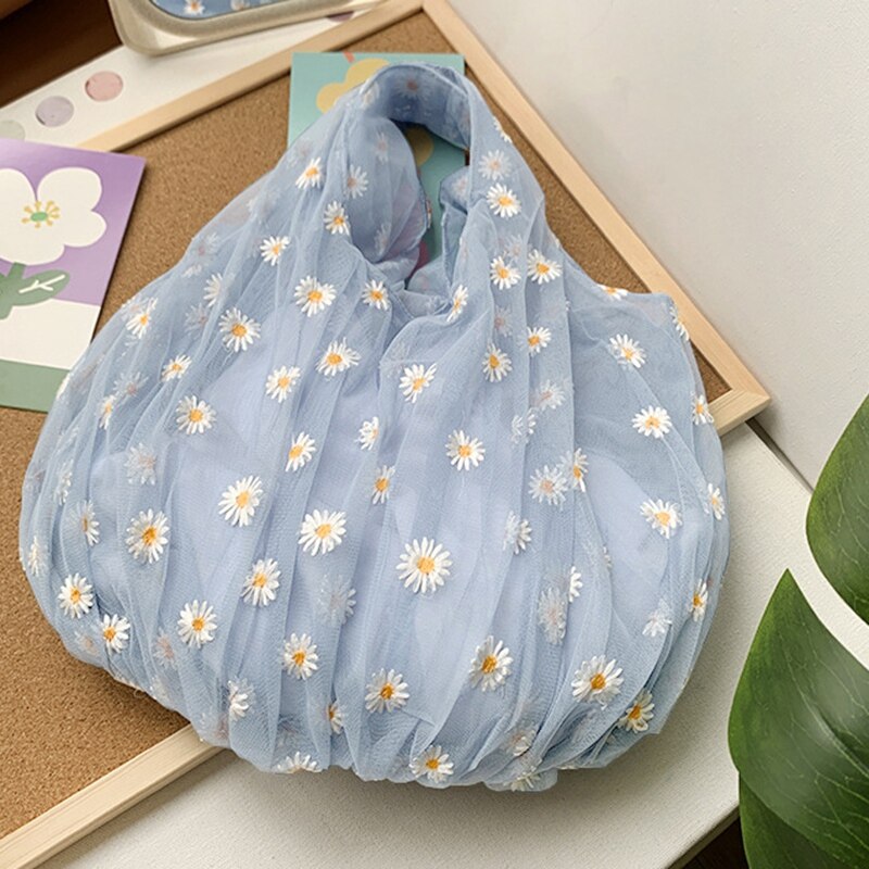 Women Small Transparent Tote Mesh Cloth Bag Daisy Embroidery Handbag Eco Fruit Bag Purse for Girls