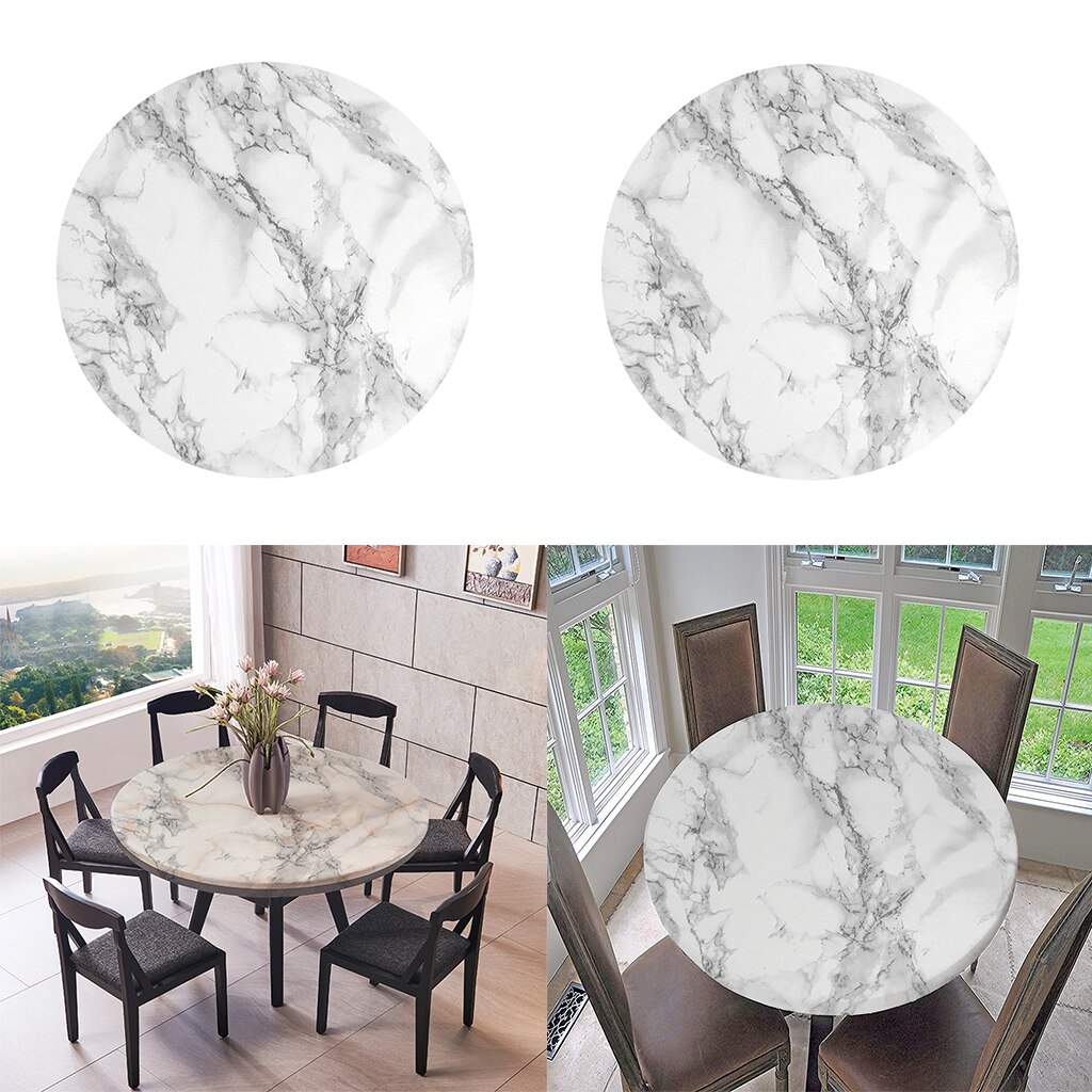 2-Pack Fitted Vinyl Table Cloth Round With Elastic Edge - Fits 47 Inch Tables (Black Marble)