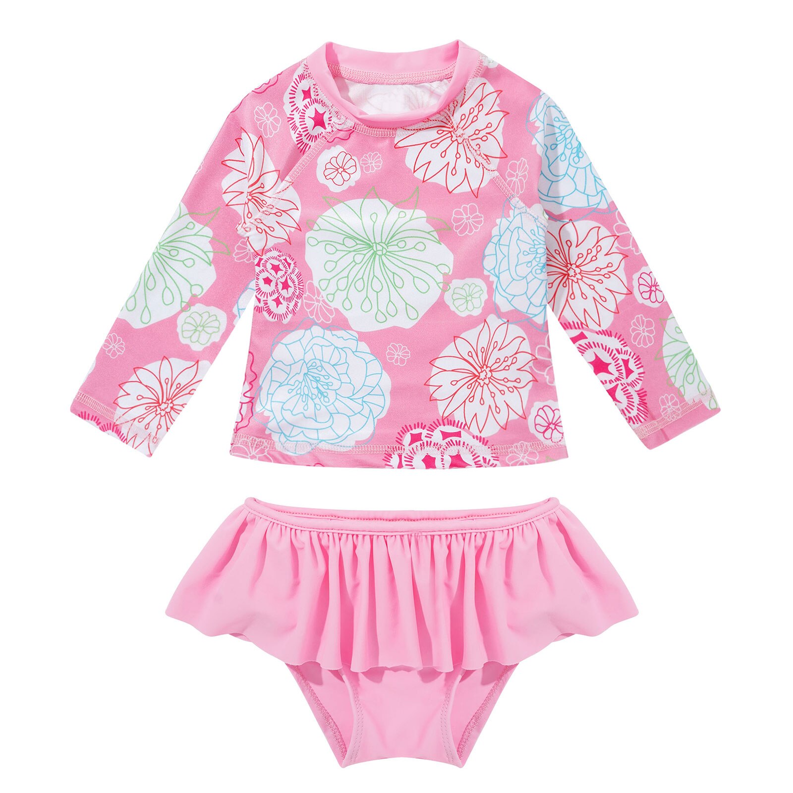 Roze Kids Badmode Kinderen Beachwear Rashguard Set Badpak Rok Bodem Lange Mouw Top Met Bloem Patroon: 18-24M