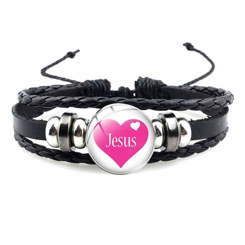 Bracelet avec symbole chrétien de poisson de jésus, bijou en verre fait à la main, Punk, en cuir tissé noir, bijoux manchette pour hommes et femmes: Jaune brunâtre