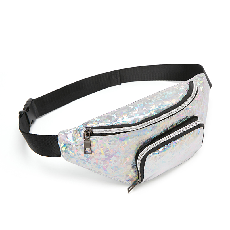 Women Girls Waist Fanny Pack Belt Pouch Hip Bum Bag Shinny Zipper Travel Sport Small Cellphone Purse Chest Pack: Silver