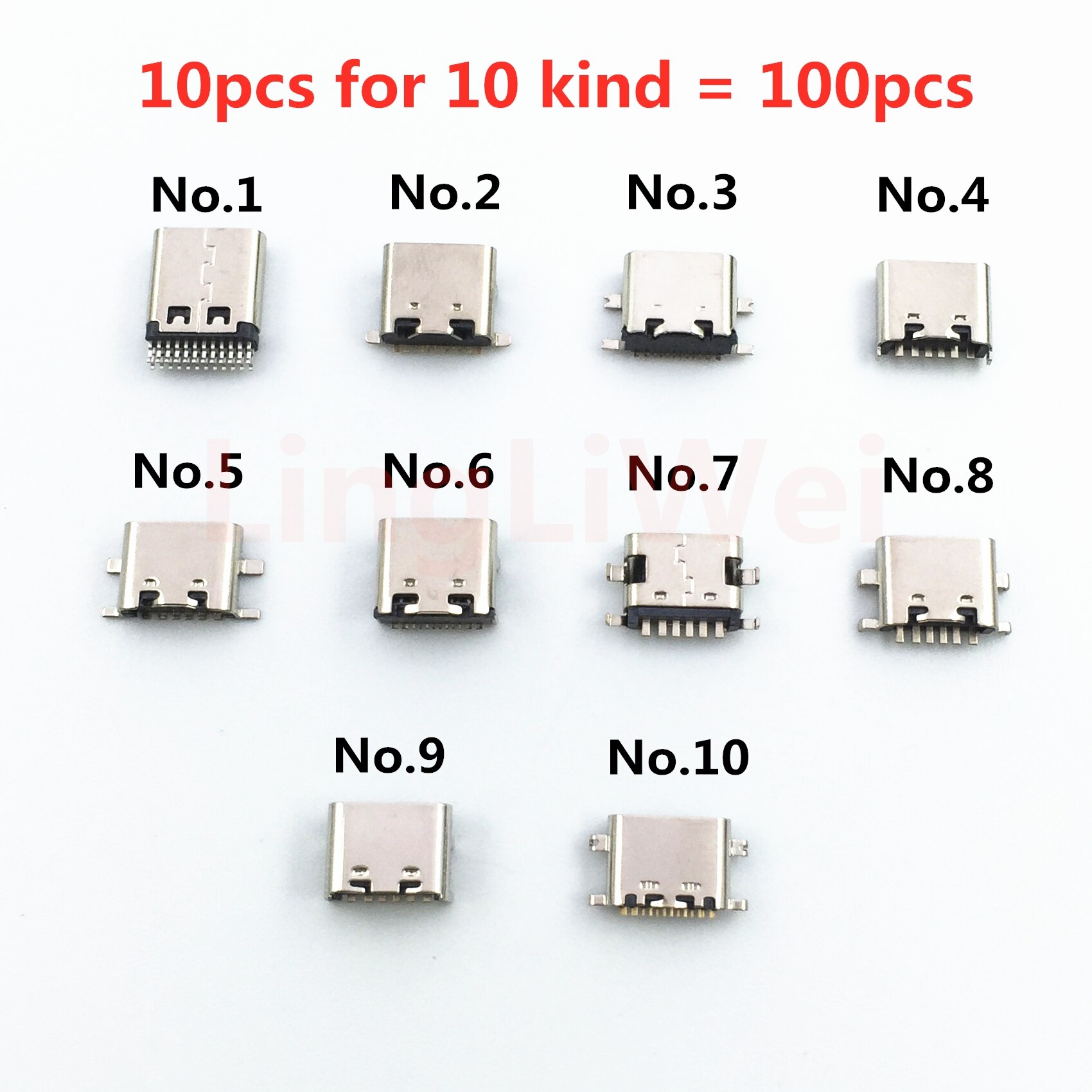 Conectores de base de carga Micro USB tipo C, modelo 10, mezcla de 6 pines, uso para reparación de teléfonos móviles y productos digitales, 10-100 unids/bolsa: 100pcs for 10 kind