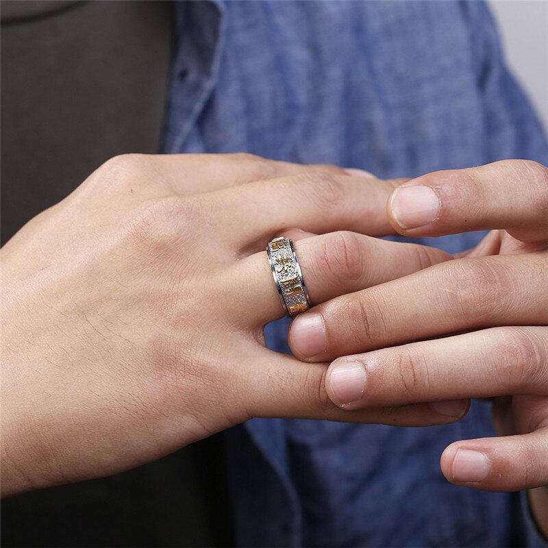 Held og lykke ring mænd kinesisk element taoist ringe vintage titanium stål punk mænd ringe drejelige kinesiske tegn smykker