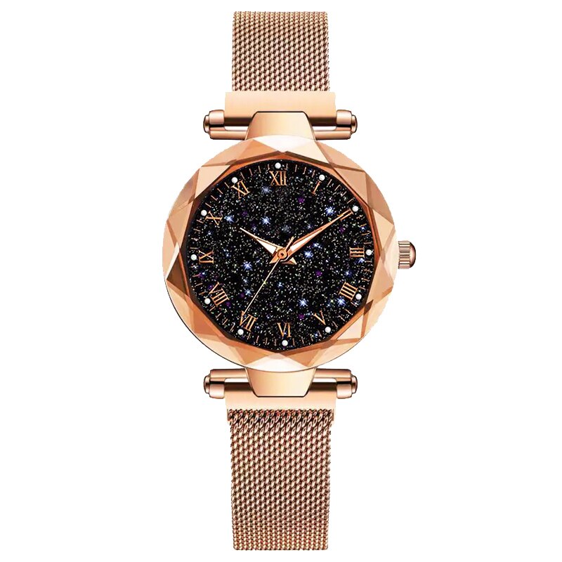 Kvinders luksus stjernehimmel armbåndsur magnetisk magnet spænde kvarts ur geometrisk overflade kvindelige lysende armbåndsure: Guld
