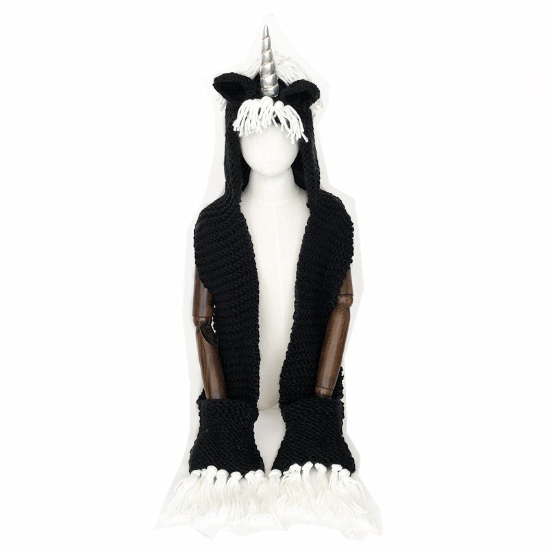 Kids Girls Rainbow Unicorn Soft Skullies Beanies Hats Shawl Scarf Set With Two Pockets Warm Knitted Bonnet Cap Christmas: B silver horn / M