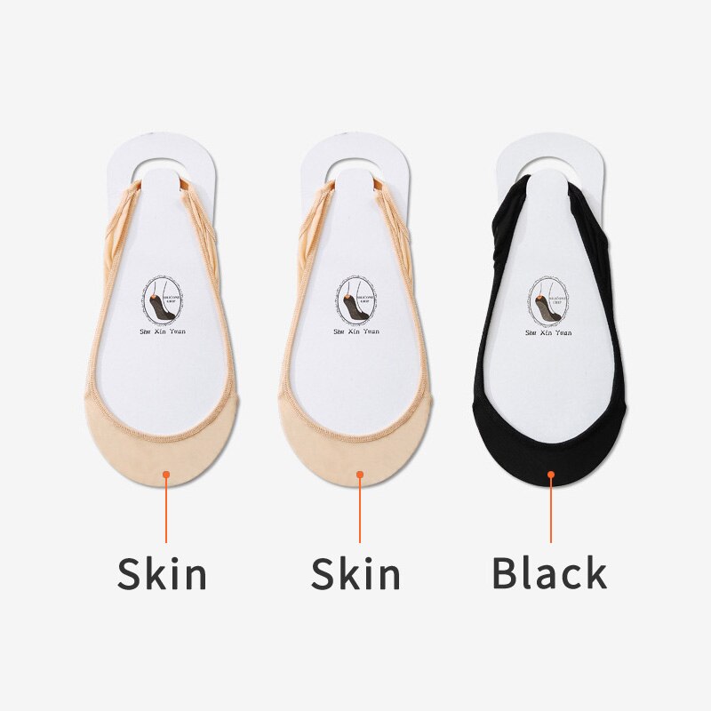 3 Pairs Invisible Boat Socks Women Summer Silicone Non-Slip Socks for High Heels Shoes Ice Silk Thin Half-Palm Suspender Sock: 2Skin 1Black