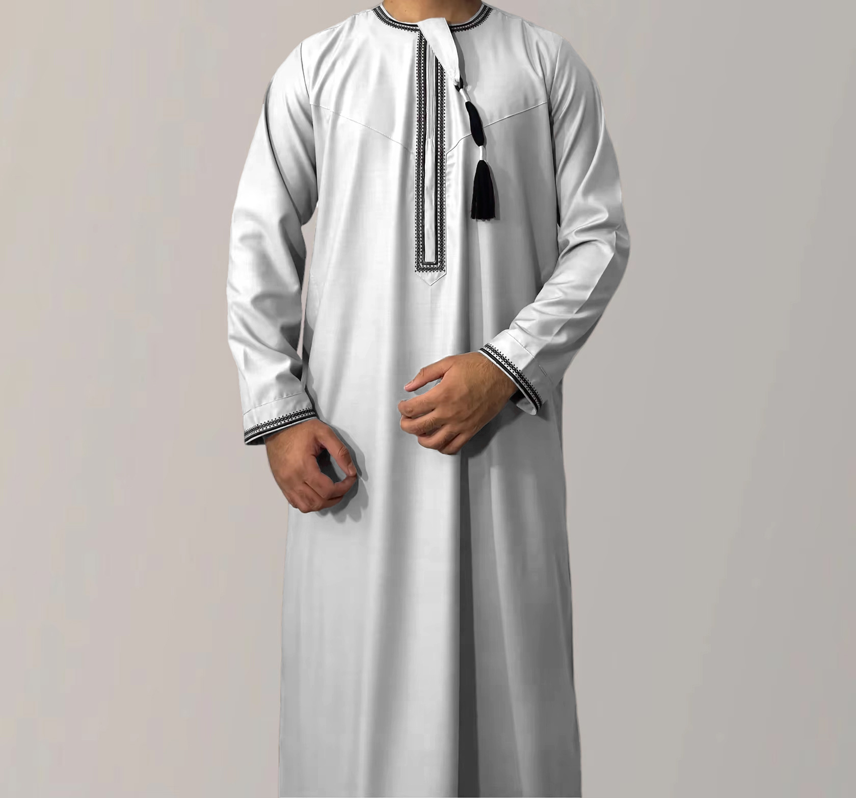Moslim Mode Abaya voor Mannen Lange Mouw Jurk Gewaad O-hals Borduren Mannen Jubba Thobe Pakistan Arabische Islam Kleding Gebed Kaftan: 50 / Zilver
