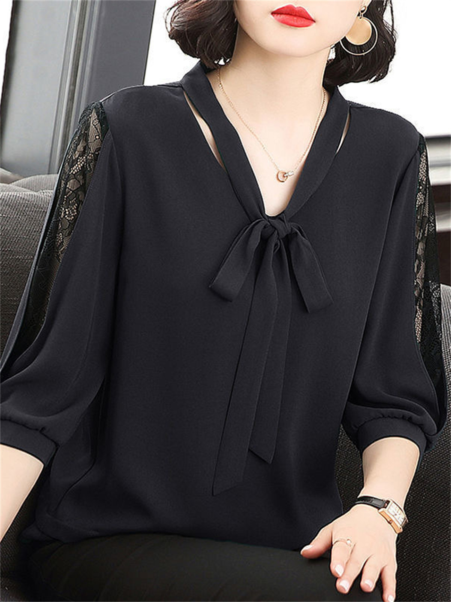 Femmes printemps été Style Blouses hauts dame décontracté nœud papillon Colloar demi manches en dentelle lâche haut Blouse DF4275: 4XL / Black