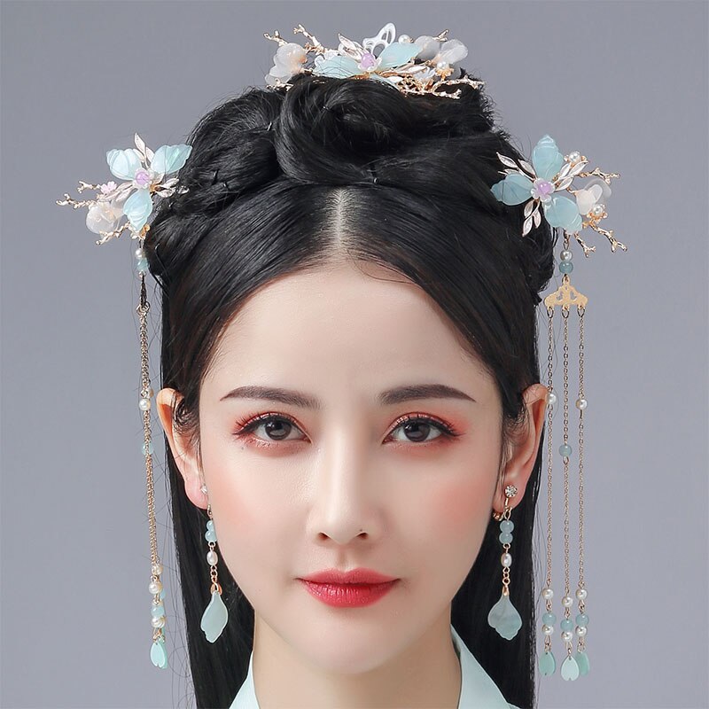 Retro Chinese Style Butterfly Flower Crystal Pearls Hanfu Dress Long Tassel Hairpins Hair Combs Jewelry Sets for Women Girls: Style 2