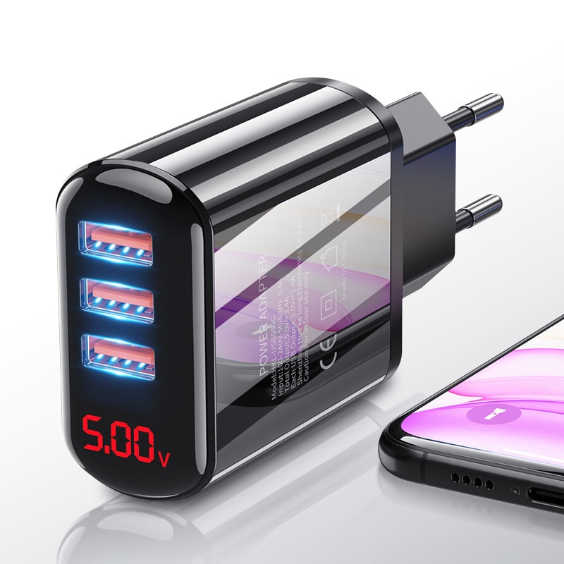 Cargador USB de 48W para teléfono móvil, cargador de pared con pantalla LED 3.4A, carga rápida USB para iPhone, Samsung S10 Plus, Xiaomi, Huawei