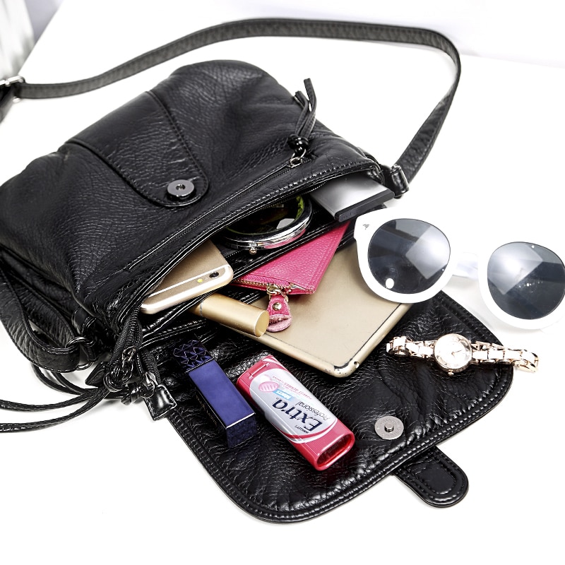 Cuir souple femmes sac de messager décontracté femmes sac à bandoulière femme sac à main noir bolsa feminina fille sac