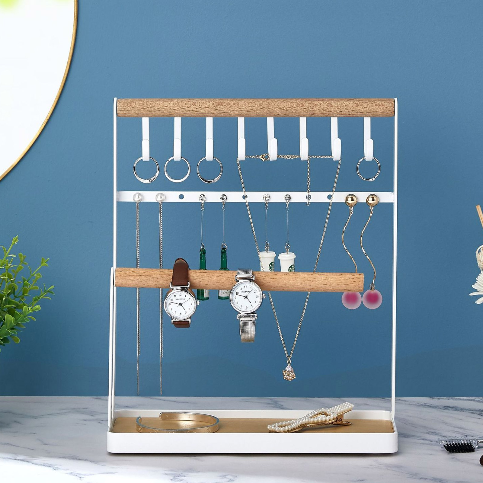 Organizzatore di gioielli supporto per espositore con vassoio per anelli in legno e ganci in metallo per bracciali collane orecchini orologi