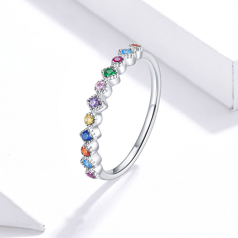 Bagues simples et fines pour femmes, rondes colorées en Zircon, couleur argent, anneau Pinky empilable, bijoux féminins, , KCR039
