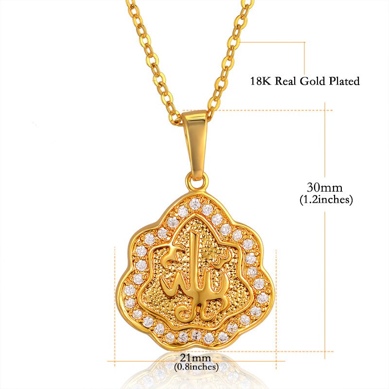 Hip Hop Iced Out Round Allah Pendant Necklace Stainless Steel Islam Muslim Arabic Gold Color Prayer Jewelry