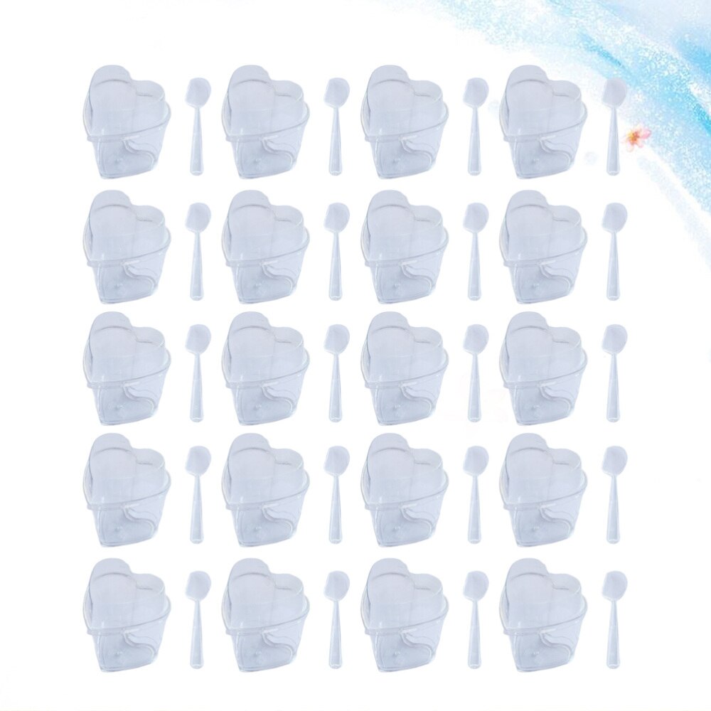 10 Sets 150ml Transparent Jelly Pudding Cup Mousse Dessert Container Heart Shape Bowl (Cup+Spoon+Lid)