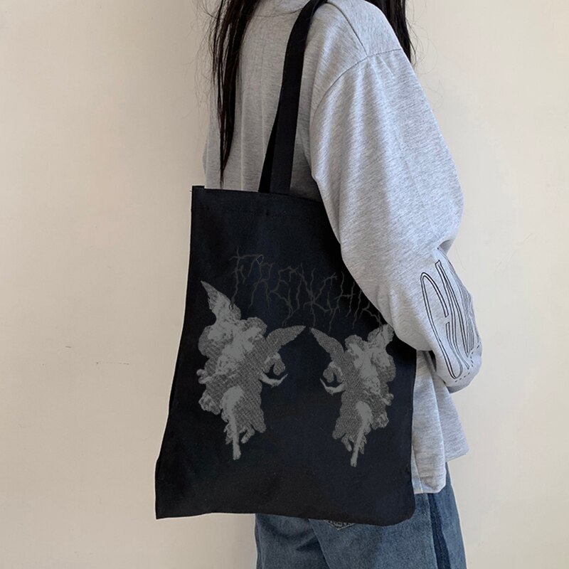 Bolso de lona con estampado de Ángel gótico para mujer, bolsa punk de gran capacidad, informal, divertida, Harajuku, bolso de hombro de estilo hip hop